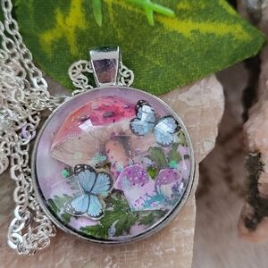 Forest Beauty featuring Tiny Handcut Blue Butterflys And Mushroom.